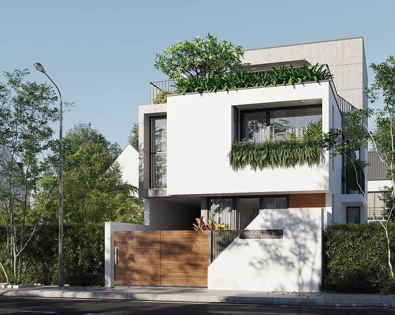 Biệt thự phố thiết kế đẹp với màu trắng chủ đạo, điểm nhấn cổng gỗ tone sáng