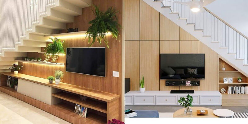 Vách ngăn gỗ lắp đặt dưới gầm cầu thang để đặt TV 