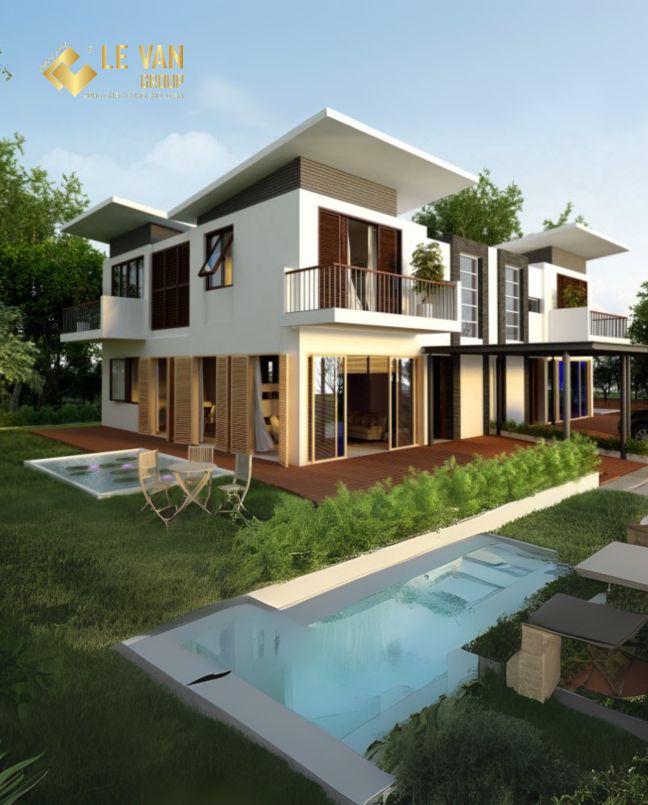 Mẫu thiết kế biệt thự 2 tầng sân vườn hiện đại 2024